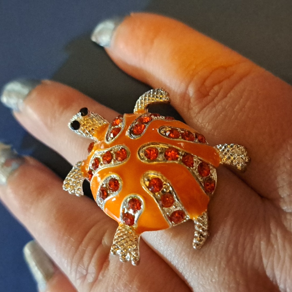 Turtle orange red silver tone adjustable ring